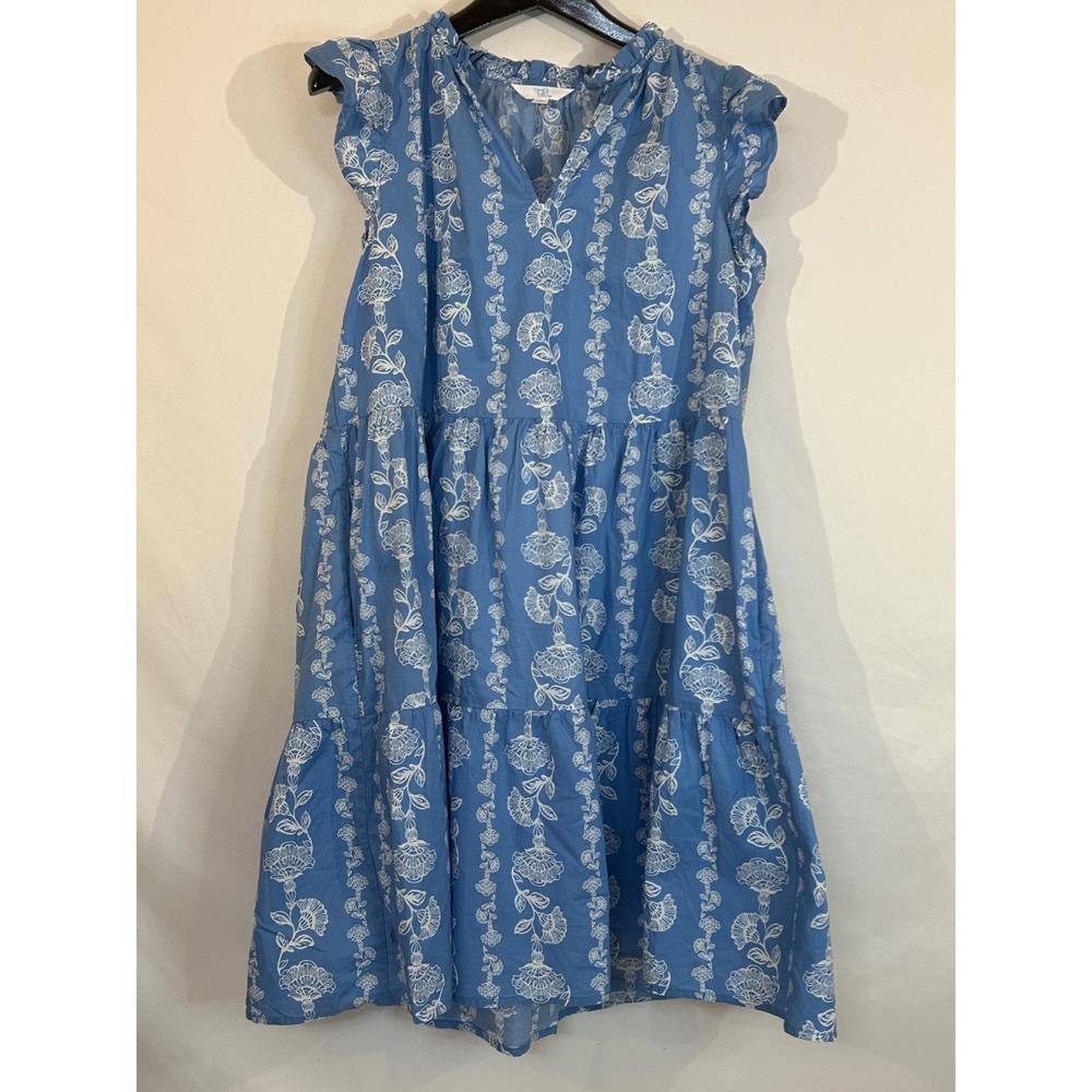 Time And Tru Dress Women Sz M Blue Floral Shift Short V-Neck Tasseled Sleeveless